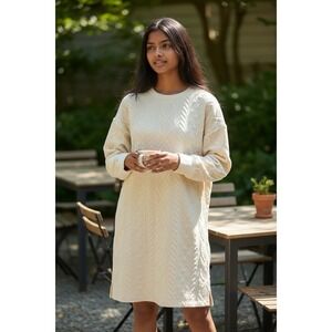 Lou & Grey Quilted Sweatshirt Dress Large Ivory Cream Cozy Lounge Pullover